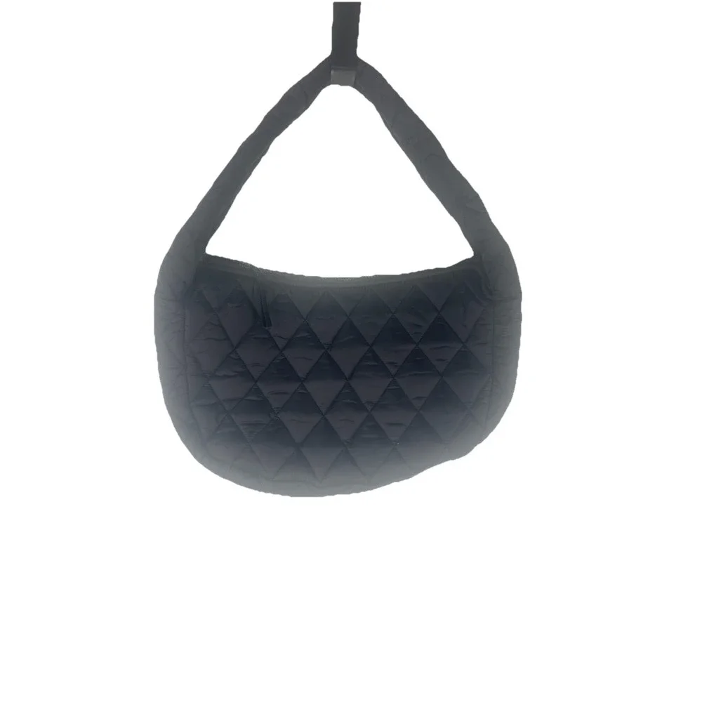 Black Quilted Puffer Shoulder Bag Nylon Crescent Soft Hobo Trendy Minimalist - Picture 2 of 4